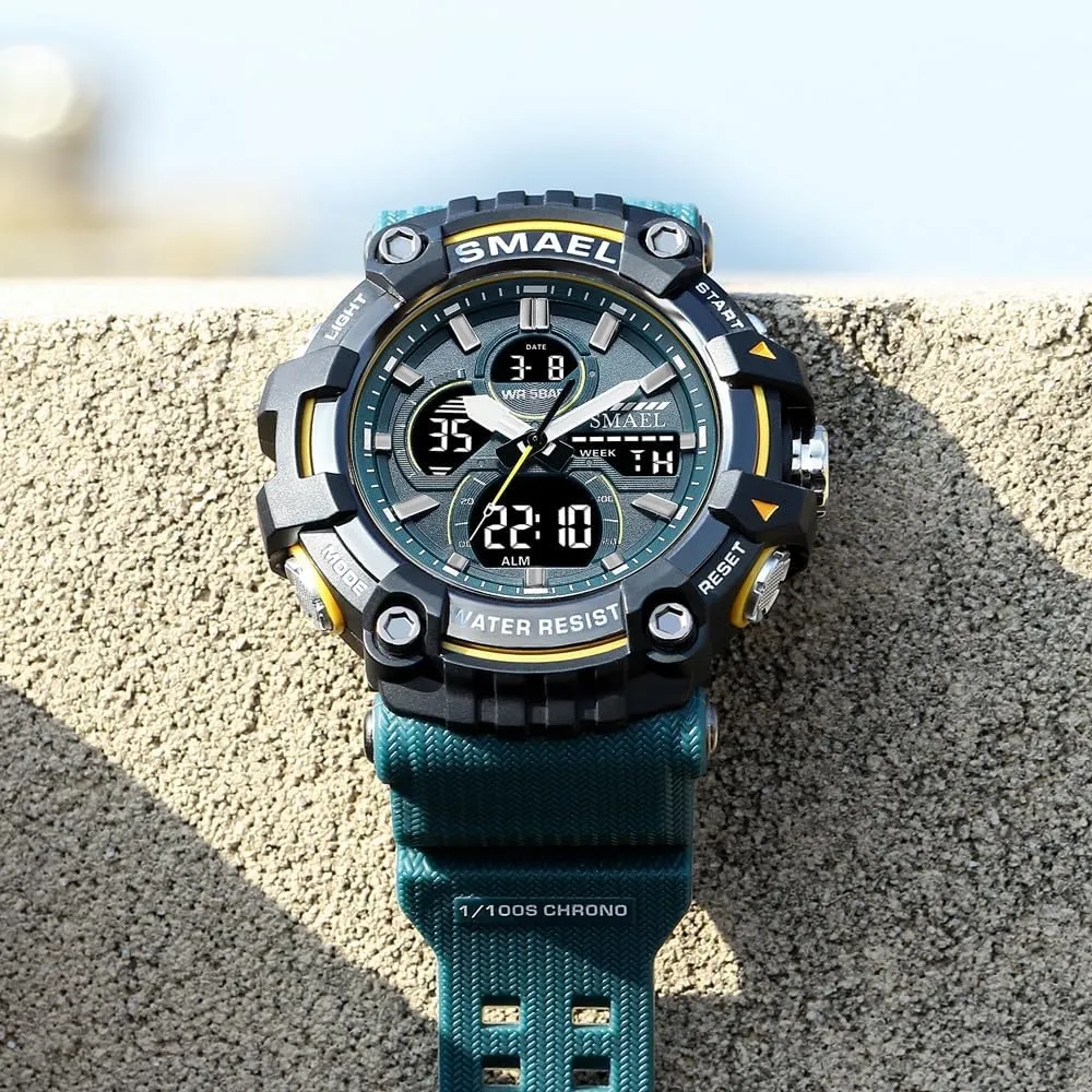 Resistant Military LED Alarm Stopwatch Men's with Alloy Case communally Outdoor Sports Watch Analog-Digital Display Multi Function Wristwatch Water 