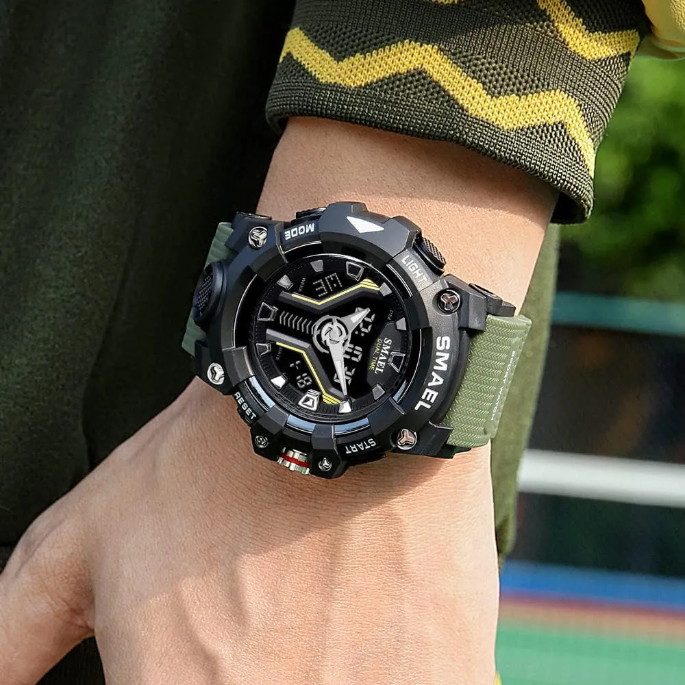 Resistant Military Watch Sport Shock Resistant Watch Analog-Digital Dual Display Quartz Wristwatches TPU block glimmer Strap Led Light Water 