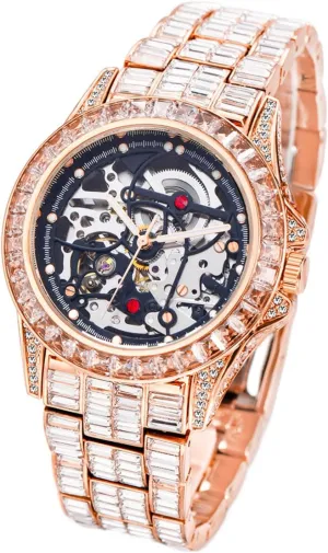 Resistant, Precise Timekeeping, transform Stylish Accessory for Formal Occasions Men's Luxurious Full Rhinestone Fashion Antomatic Mechanical Watches - Water 
