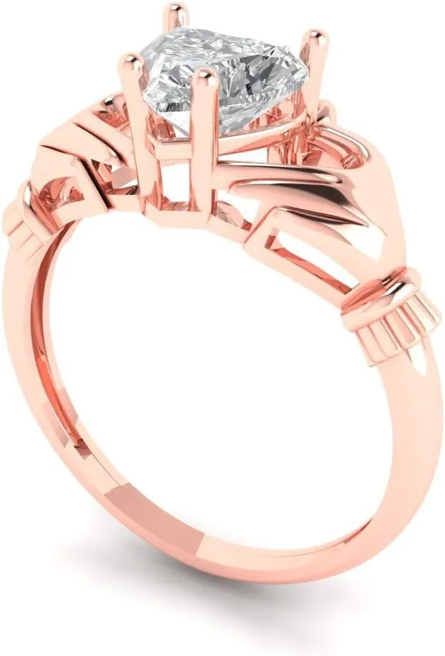 Ring 14k Rose Gold 1.49ct Heart Cut Irish deft Celtic Claddagh Lab White Sapphire Designer Wedding Bridal art deco Anniversary 