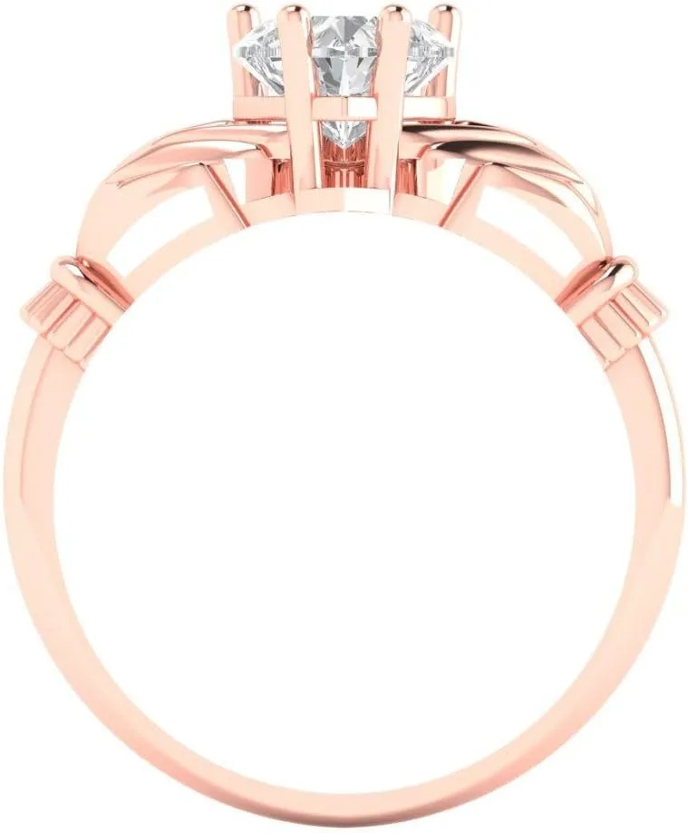 Ring 14k Rose Gold 1.49ct Heart Cut Irish deft Celtic Claddagh Lab White Sapphire Designer Wedding Bridal art deco Anniversary 
