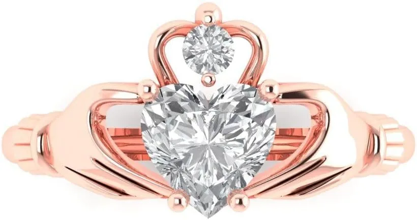 Ring 14k Rose Gold 1.49ct Heart Cut Irish deft Celtic Claddagh Lab White Sapphire Designer Wedding Bridal art deco Anniversary 
