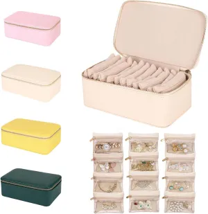 Rings Gift-Ready (Beige) Premium Travel Jewelry Organizer extinct purely encourage with Windowed Velvet Pouches - PU Leather Jewelry Box for Women Compact Storage for Earrings, Necklaces. 