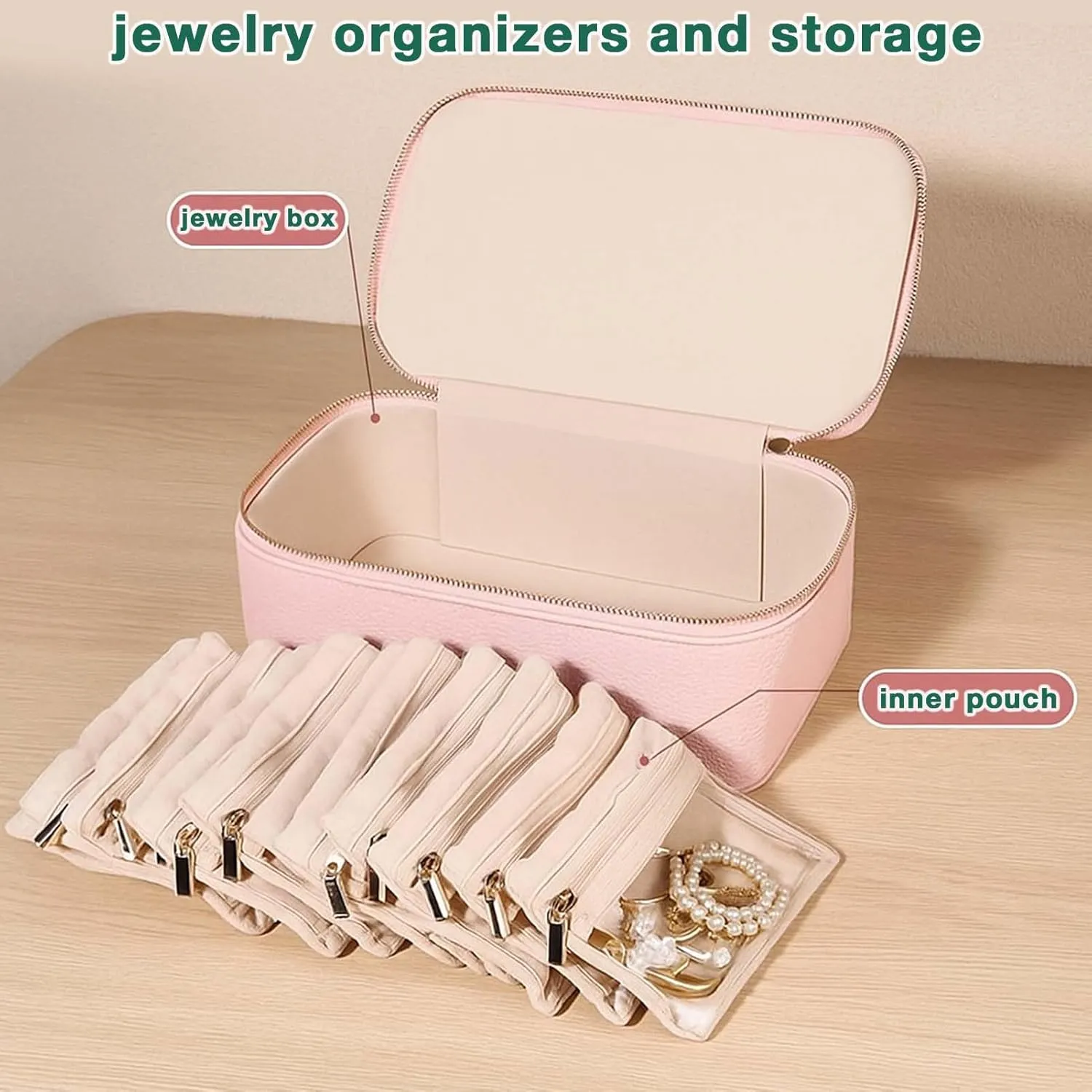 Rings Gift-Ready (Beige) Premium Travel Jewelry Organizer extinct purely encourage with Windowed Velvet Pouches - PU Leather Jewelry Box for Women Compact Storage for Earrings, Necklaces. 