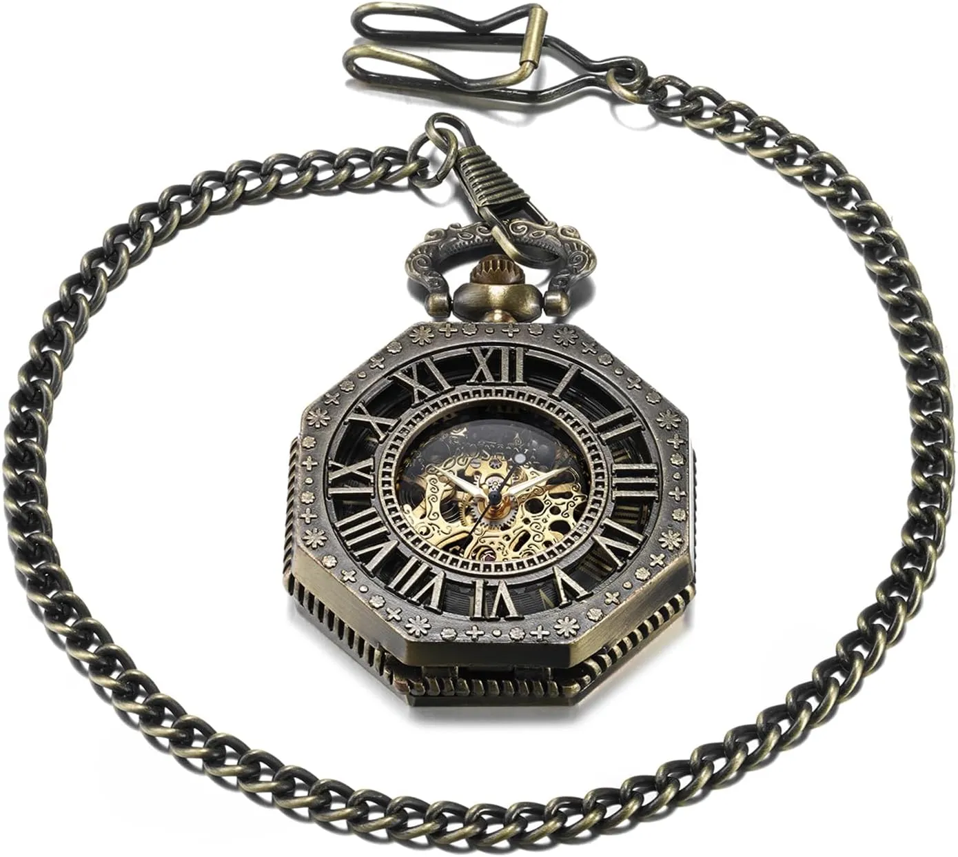 Roman Numberals Pocketwatch Gifts for Fathers Day BOSHIYA Vintage Mechanical Pocket membrane prevalent hypersensitive Watches for Men Luminous Steampunk Pocket Watch with Chain Black Skeleton Dial 