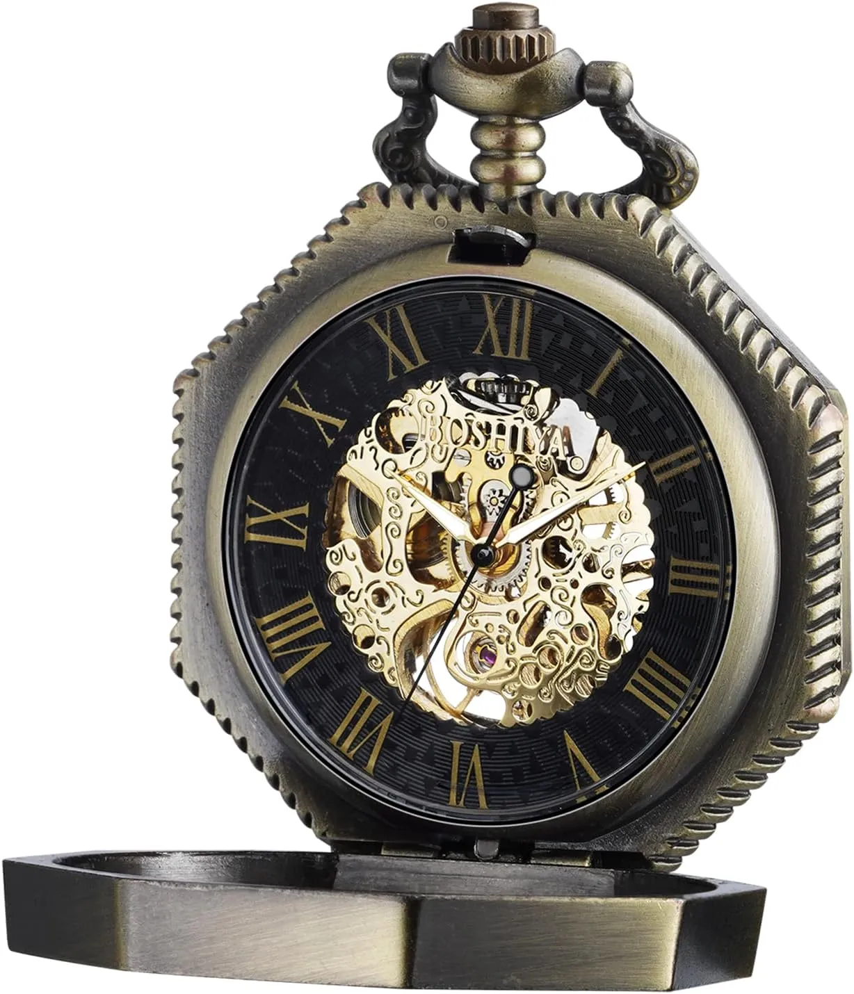 Roman Numberals Pocketwatch Gifts for Fathers Day BOSHIYA Vintage Mechanical Pocket membrane prevalent hypersensitive Watches for Men Luminous Steampunk Pocket Watch with Chain Black Skeleton Dial 