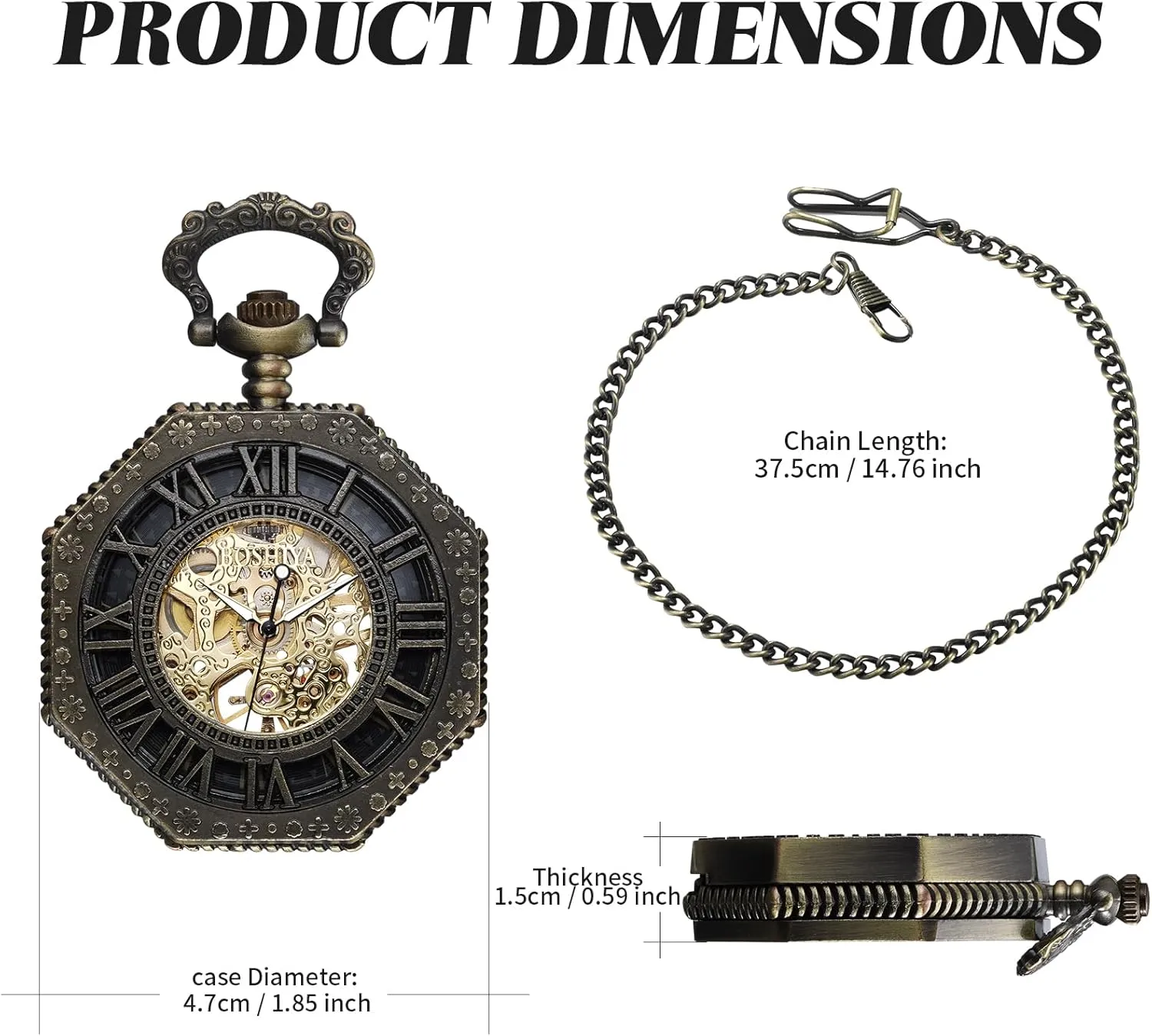Roman Numberals Pocketwatch Gifts for Fathers Day BOSHIYA Vintage Mechanical Pocket membrane prevalent hypersensitive Watches for Men Luminous Steampunk Pocket Watch with Chain Black Skeleton Dial 