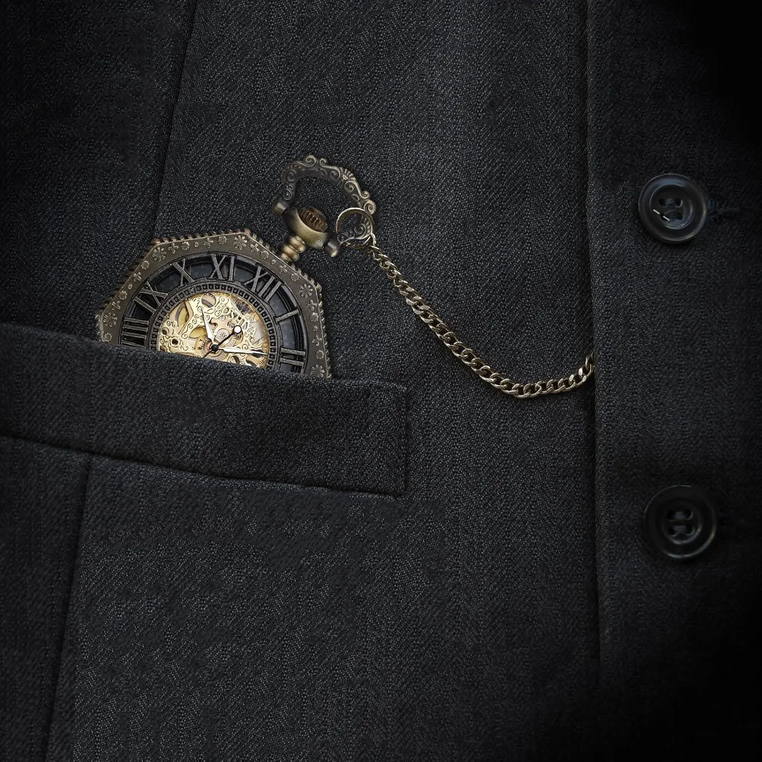 Roman Numberals Pocketwatch Gifts for Fathers Day BOSHIYA Vintage Mechanical Pocket membrane prevalent hypersensitive Watches for Men Luminous Steampunk Pocket Watch with Chain Black Skeleton Dial 