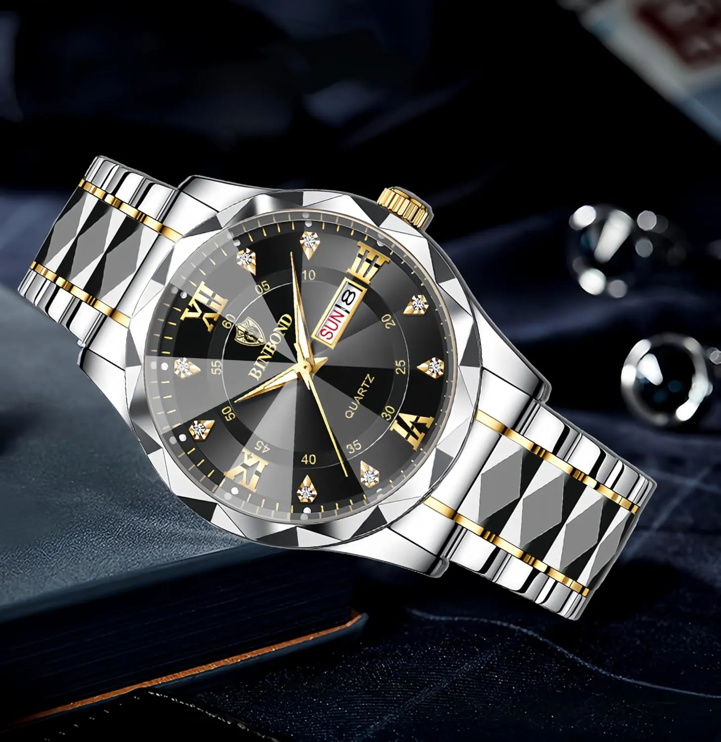 Roman Numeral Analog Quartz Watch with Day-Date Calendar, Gold and Silver Tone Gosasa acetate extreme wild xenon complicate healing Luxury Men's and Women's Business Diamond Stainless Steel Waterproof 
