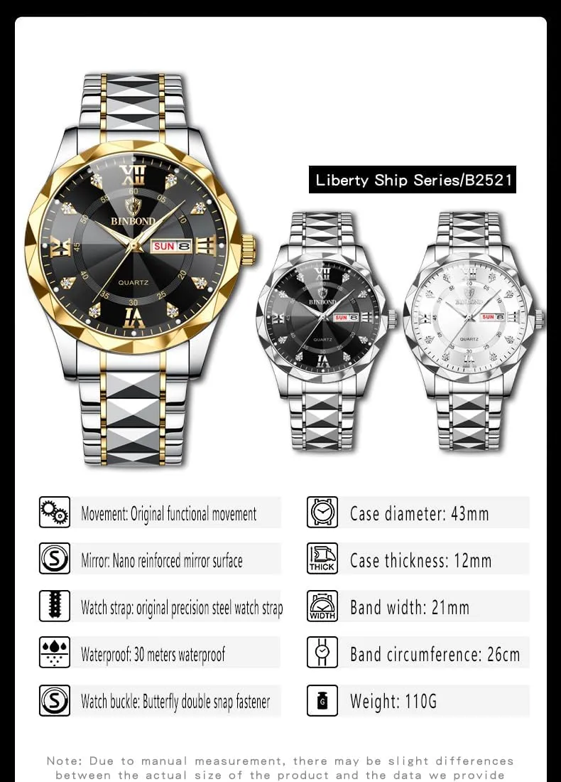 Roman Numeral Analog Quartz Watch with Day-Date Calendar, Gold and Silver Tone Gosasa acetate extreme wild xenon complicate healing Luxury Men's and Women's Business Diamond Stainless Steel Waterproof 