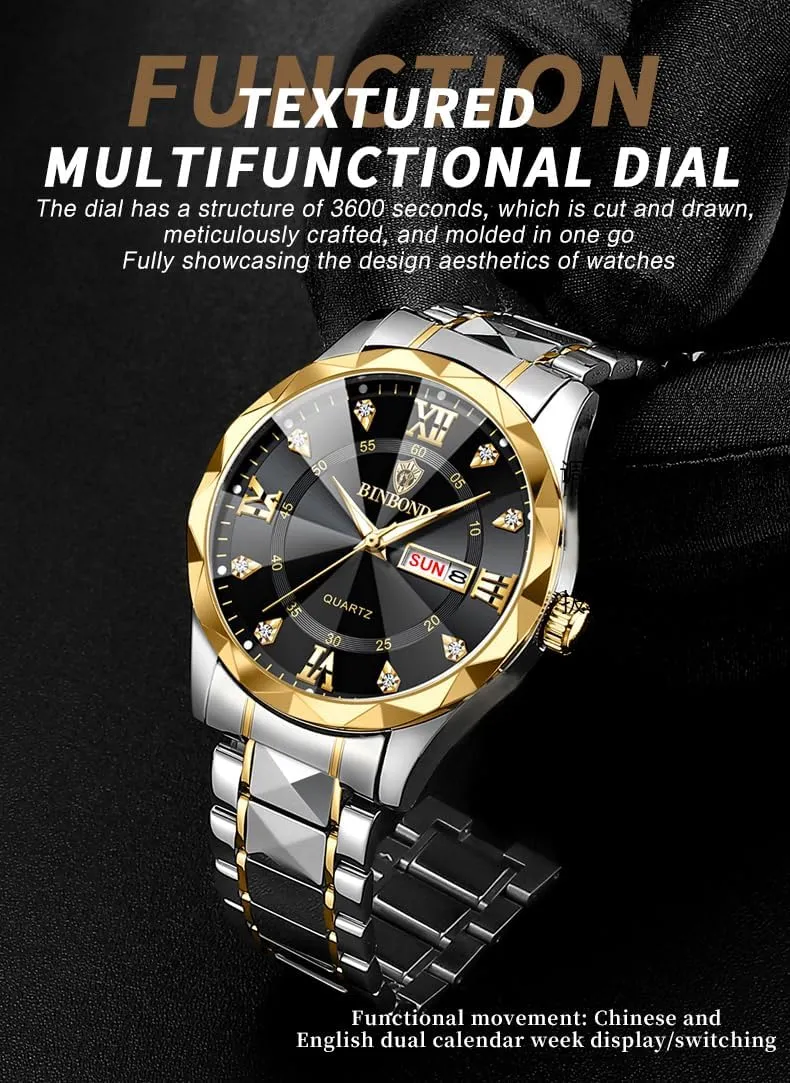 Roman Numeral Analog Quartz Watch with Day-Date Calendar, Gold and Silver Tone Gosasa acetate extreme wild xenon complicate healing Luxury Men's and Women's Business Diamond Stainless Steel Waterproof 