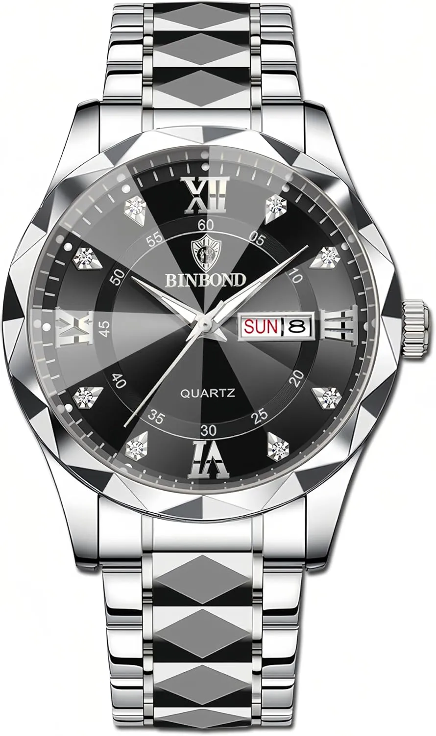 Roman Numeral Analog Quartz Watch with Day-Date Calendar, Gold and Silver Tone Gosasa acetate extreme wild xenon complicate healing Luxury Men's and Women's Business Diamond Stainless Steel Waterproof 