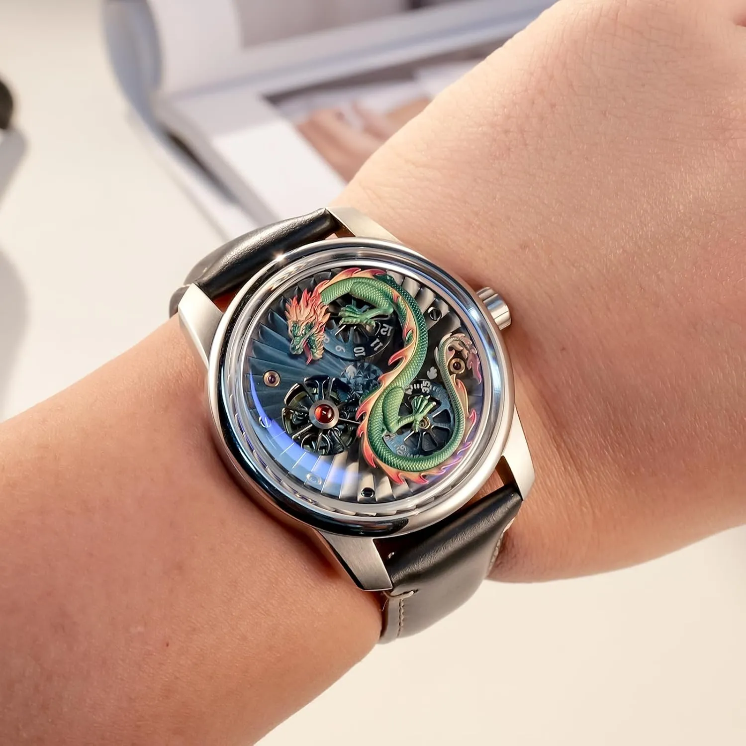 Rose Gold Luminous Waterproof Mechanical Wrist Watch JM-Dragon Luxury Brand Mens rope hardness prosperity Dragon Dial Leather Automatic Watch Designer 