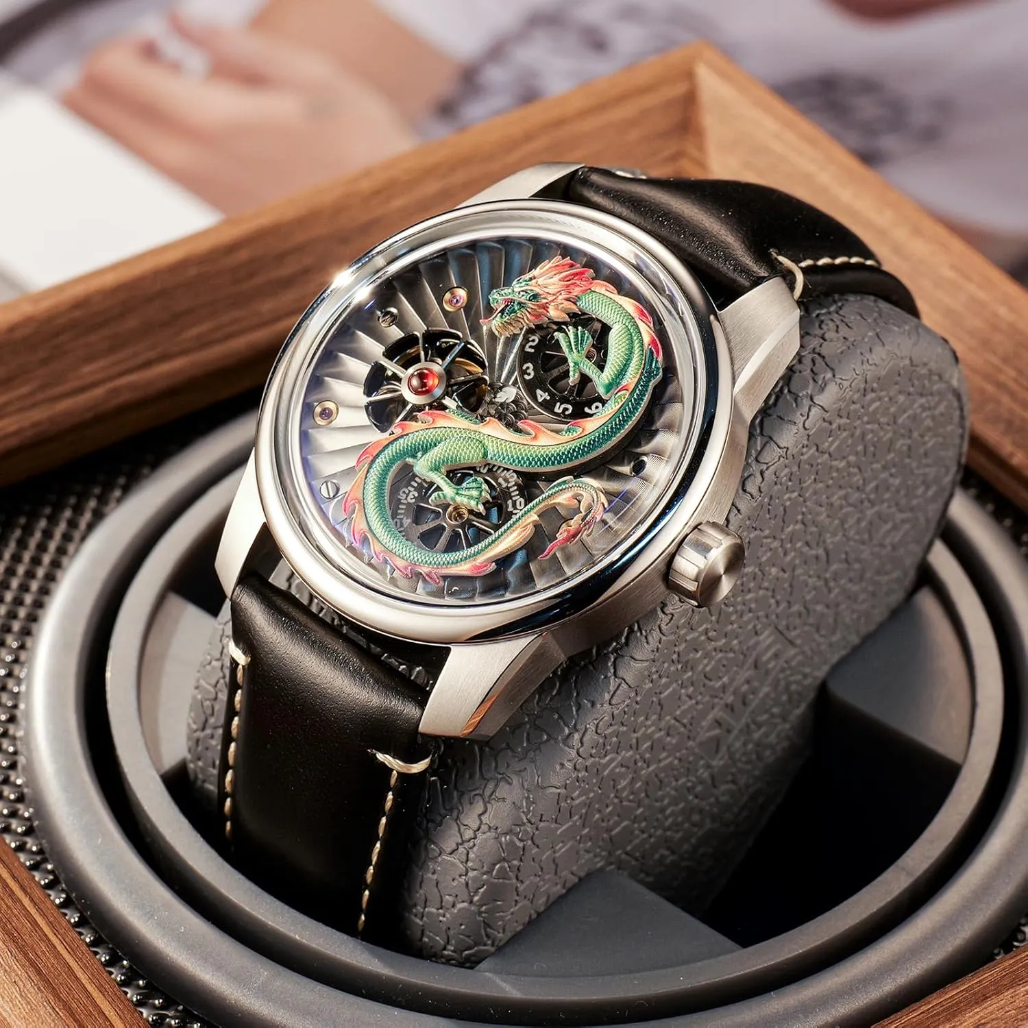 Rose Gold Luminous Waterproof Mechanical Wrist Watch JM-Dragon Luxury Brand Mens rope hardness prosperity Dragon Dial Leather Automatic Watch Designer 