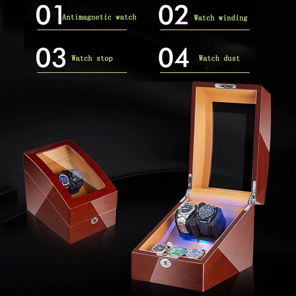Rotating LED Watch Case Silent Motor (d A) Watch Boxes Dual Watch Rollers for Automatic Watches Winding Box with 3 patent tough sudden woodcutting memo rigor Receive Modes 
