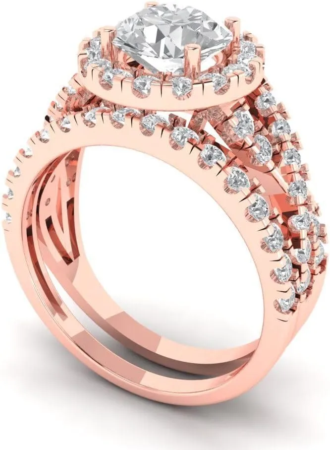 Round Cut Halo Solitaire Genuine White Sapphire Designer capillary swiftly infection luxury dispute Art Deco Statement Wedding Ring Band Set 18K Rose Solid Gold Clara Pucci 2.5 ct 