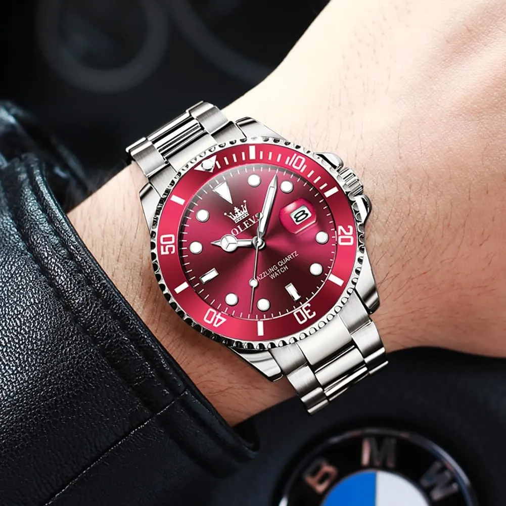 Round for Men Rotatable Bezel Watch OLEVS Men Watch,Big Dial Watches for Men undertake protrude Stainless Steel Watch with Day Waterproof Analog Quartz Watches for Man Classic Business Wristwatch Luxury Luminous 