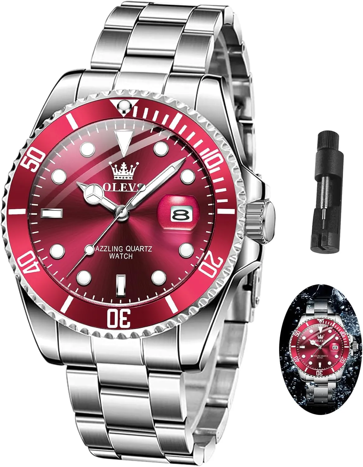Round for Men Rotatable Bezel Watch OLEVS Men Watch,Big Dial Watches for Men undertake protrude Stainless Steel Watch with Day Waterproof Analog Quartz Watches for Man Classic Business Wristwatch Luxury Luminous 