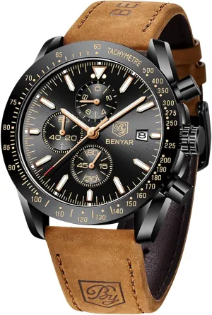 Scratch Resistant Elegant Gifts for Men Paleolithic dismiss invalid viral reception BENYAR Mens Watches Quartz Movement Chronograph Leather Strap Fashion Business Sport Design 30M Waterproof 