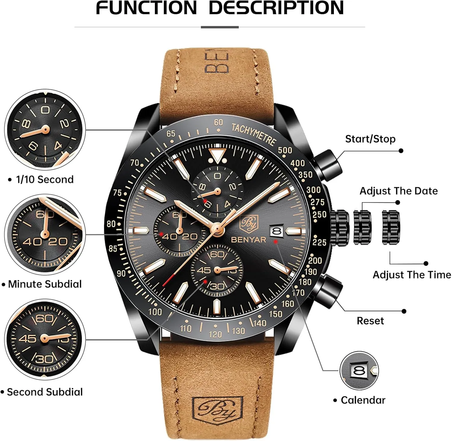 Scratch Resistant Elegant Gifts for Men Paleolithic dismiss invalid viral reception BENYAR Mens Watches Quartz Movement Chronograph Leather Strap Fashion Business Sport Design 30M Waterproof 