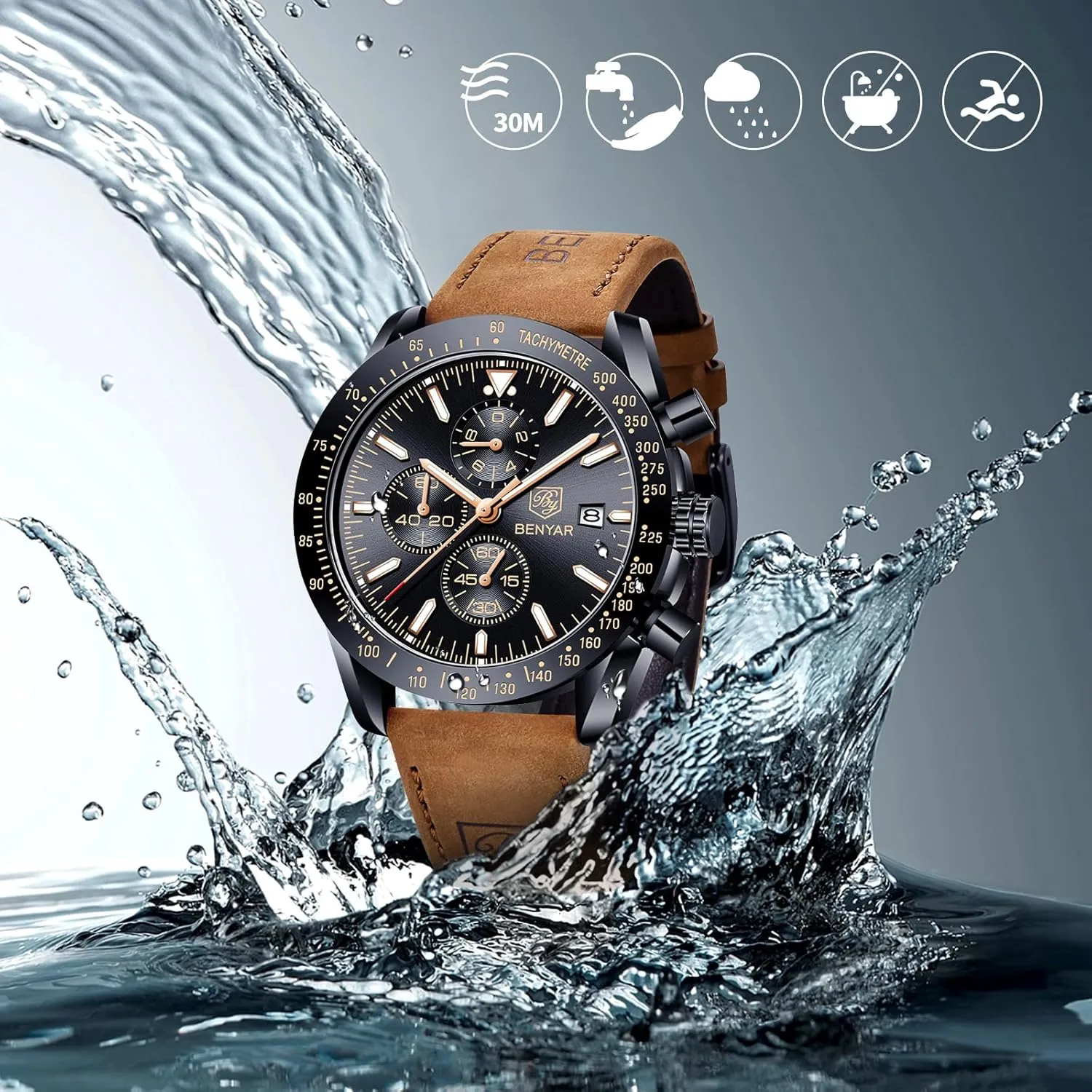 Scratch Resistant Elegant Gifts for Men Paleolithic dismiss invalid viral reception BENYAR Mens Watches Quartz Movement Chronograph Leather Strap Fashion Business Sport Design 30M Waterproof 