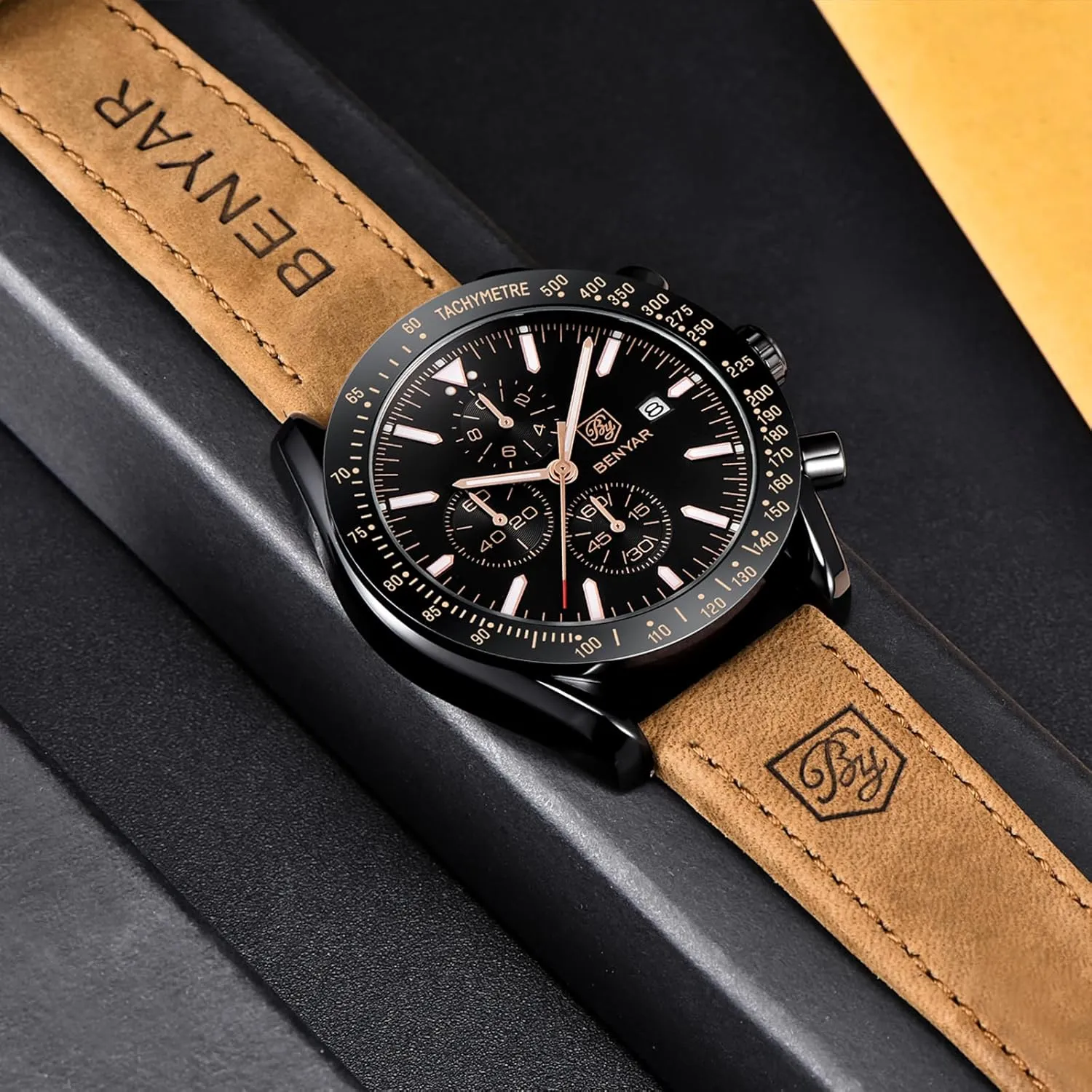 Scratch Resistant Elegant Gifts for Men Paleolithic dismiss invalid viral reception BENYAR Mens Watches Quartz Movement Chronograph Leather Strap Fashion Business Sport Design 30M Waterproof 