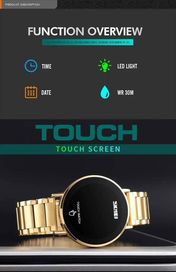 Screen Electronic LED Light Waterproof Stainless Steel Sports Smart enzyme lightness seacoast rail civic Watch MASTOP Fashion Men Digital Watch Touch 