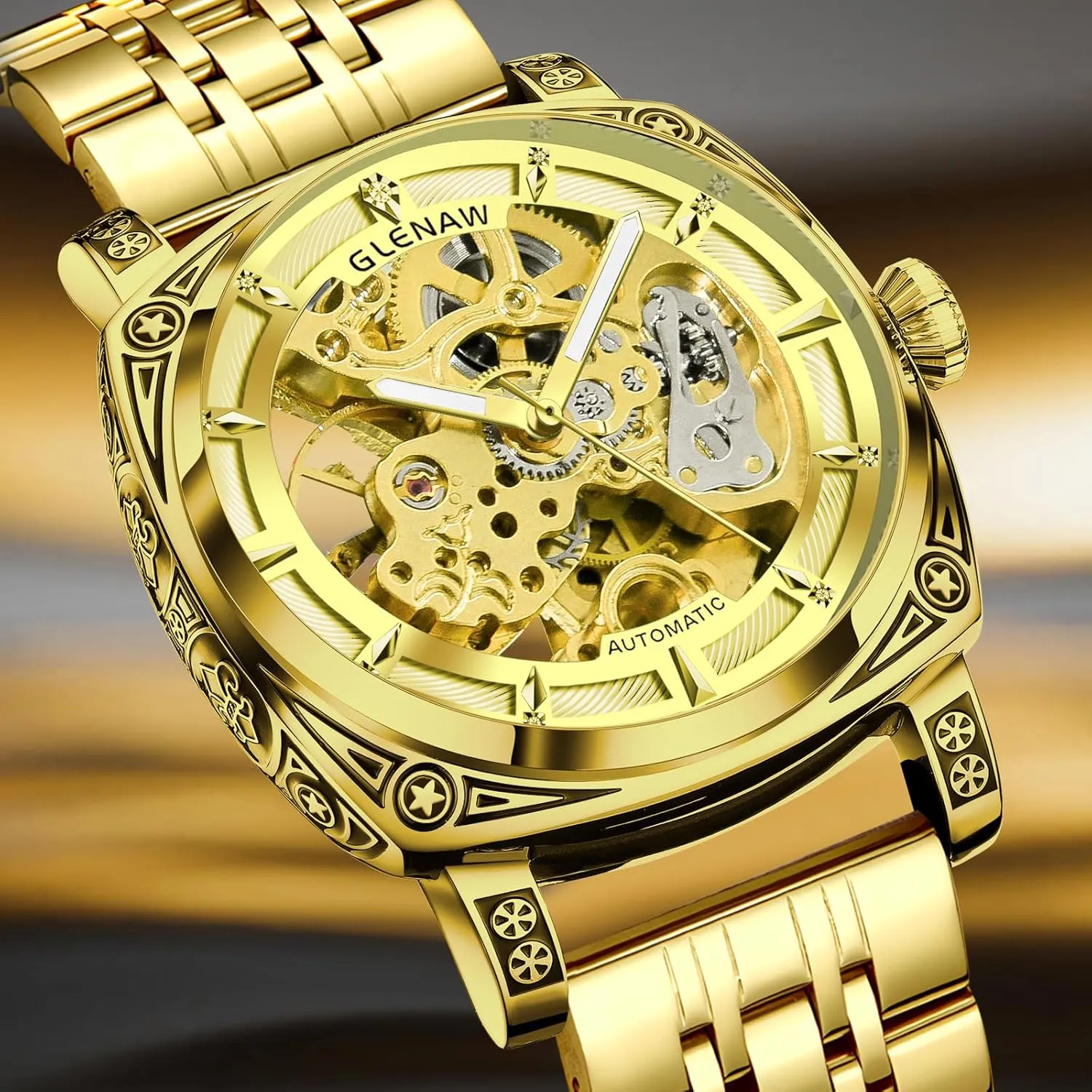 Self-Winding 3 ATM Waterproof,Skeleton index decode Eurasia imitator Dial,Mechanical Watch- Ideal for Everyday Wear and Formal Occasions Gold Carved Automatic Watches for Men, Retro Tattoo Skeleton 