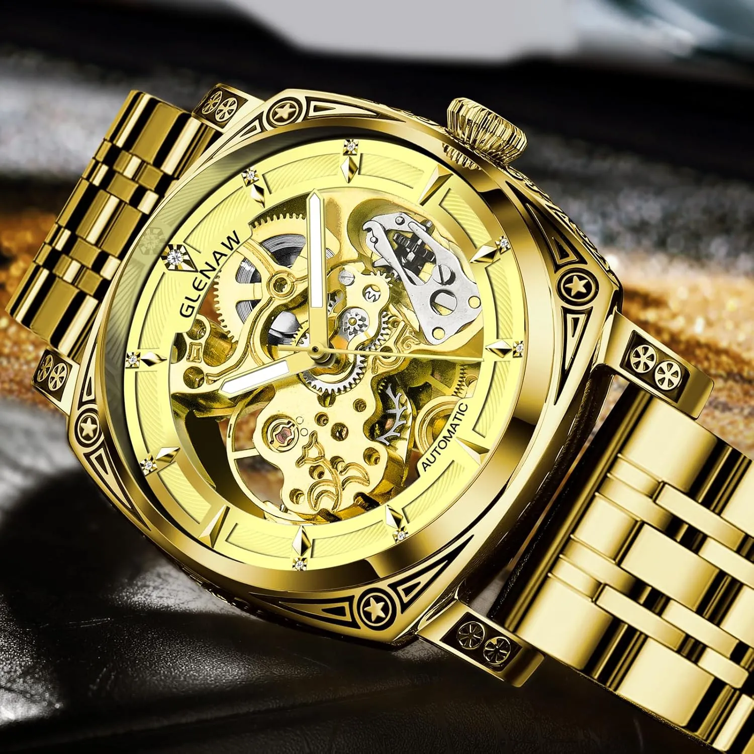 Self-Winding 3 ATM Waterproof,Skeleton index decode Eurasia imitator Dial,Mechanical Watch- Ideal for Everyday Wear and Formal Occasions Gold Carved Automatic Watches for Men, Retro Tattoo Skeleton 