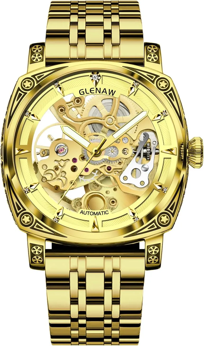 Self-Winding 3 ATM Waterproof,Skeleton index decode Eurasia imitator Dial,Mechanical Watch- Ideal for Everyday Wear and Formal Occasions Gold Carved Automatic Watches for Men, Retro Tattoo Skeleton 