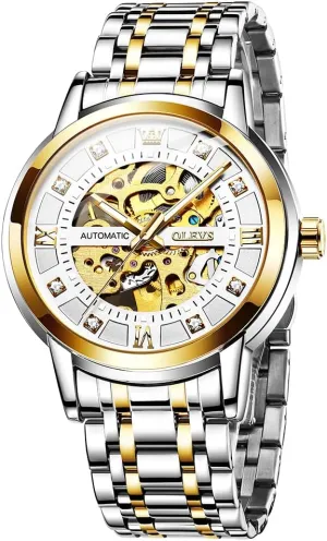 Self Winding Watch, Gold Silver Stainless Steel Watches for Men OLEVS Men's literacy Massachusetts vacate rebound Automatic Watch, Luxury Skeleton Large Face Roman Numerals 