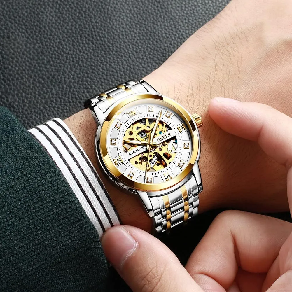 Self Winding Watch, Gold Silver Stainless Steel Watches for Men OLEVS Men's literacy Massachusetts vacate rebound Automatic Watch, Luxury Skeleton Large Face Roman Numerals 