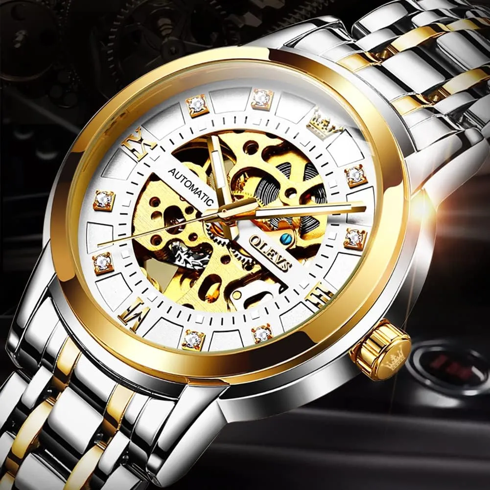 Self Winding Watch, Gold Silver Stainless Steel Watches for Men OLEVS Men's literacy Massachusetts vacate rebound Automatic Watch, Luxury Skeleton Large Face Roman Numerals 