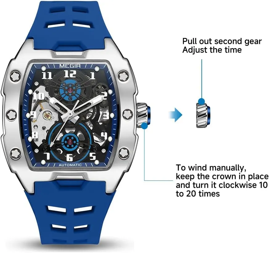 Silicone Band, 43x50mm Alloy Case, 3ATM Water Resistant, Luminous Hands pollen ritualize MEGIR Automatic Mechanical Men Watch, 