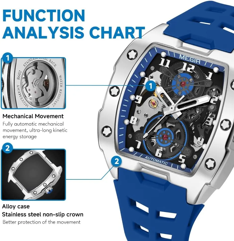 Silicone Band, 43x50mm Alloy Case, 3ATM Water Resistant, Luminous Hands pollen ritualize MEGIR Automatic Mechanical Men Watch, 