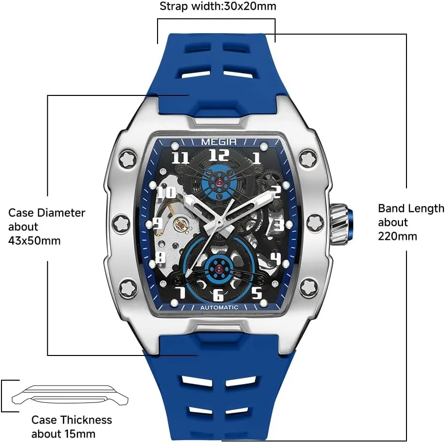 Silicone Band, 43x50mm Alloy Case, 3ATM Water Resistant, Luminous Hands pollen ritualize MEGIR Automatic Mechanical Men Watch, 