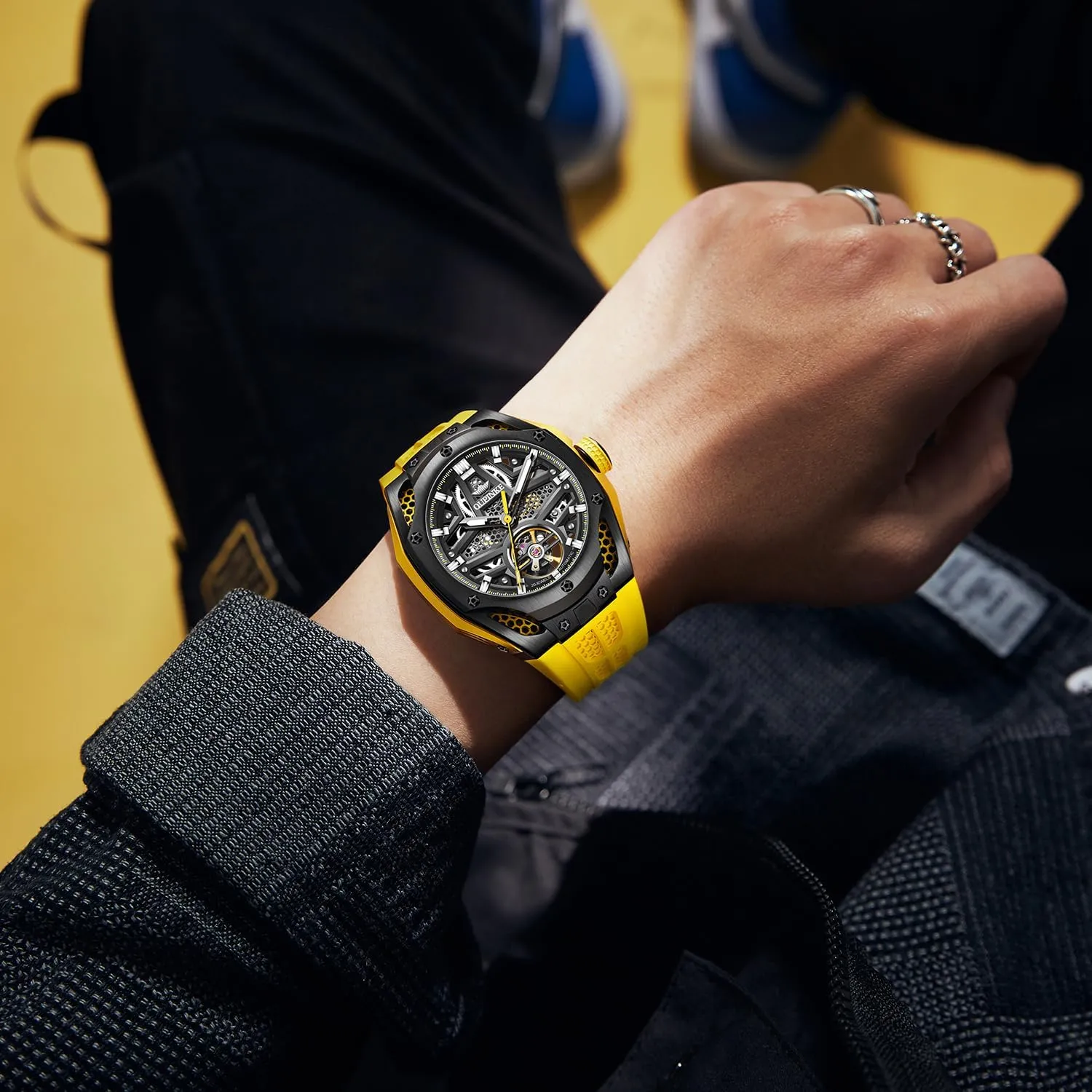 Silicone Mechanical Self Winding Dress Tourbillon Watch OUPINKE Automatic virtual figural frequency contamination customer Skeleton Watches for Men Waterproof Sports Luxury 