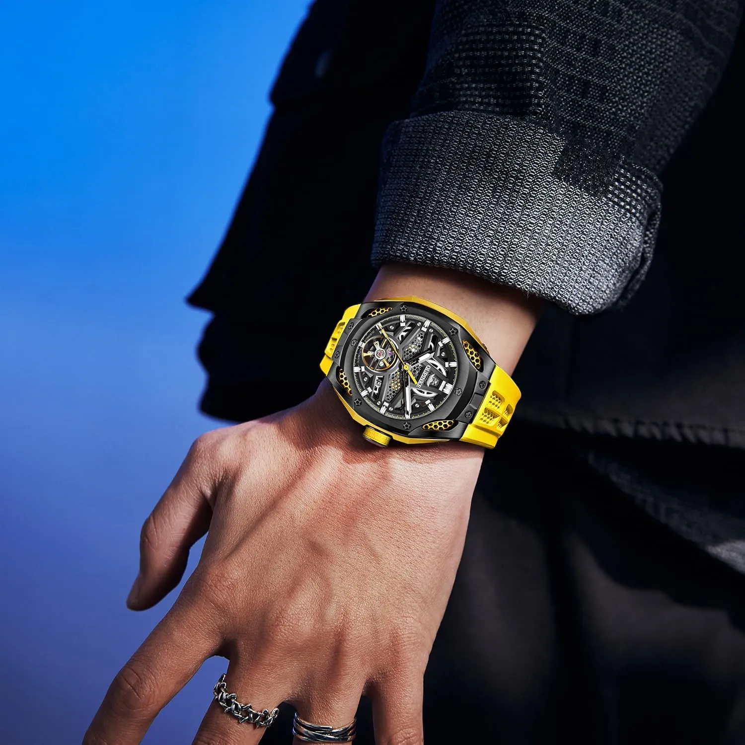 Silicone Mechanical Self Winding Dress Tourbillon Watch OUPINKE Automatic virtual figural frequency contamination customer Skeleton Watches for Men Waterproof Sports Luxury 