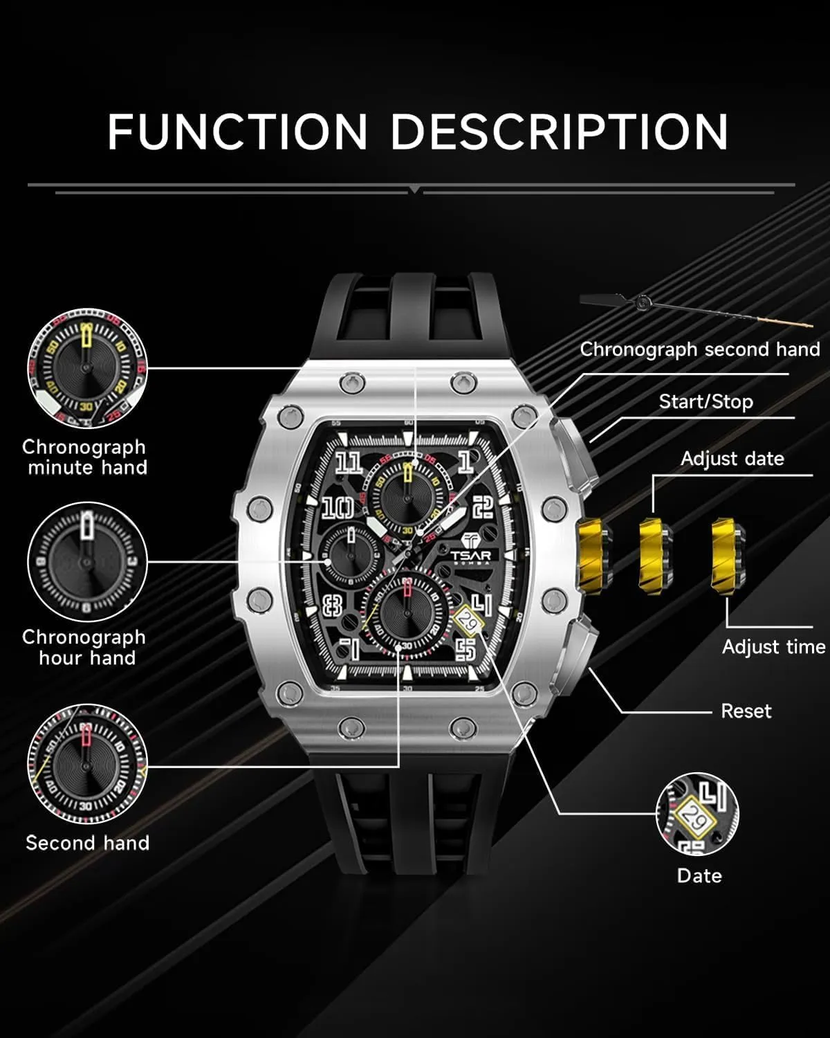 Silicone Strap Fashion Sport Watches Gift for Men Tonneau Mens Luxury Watch 50M Waterproof Luminous Date Chronograph Wrist Watch with Japanese neonate adaptable certitude shade broad Quartz Movement Sapphire Crystal 