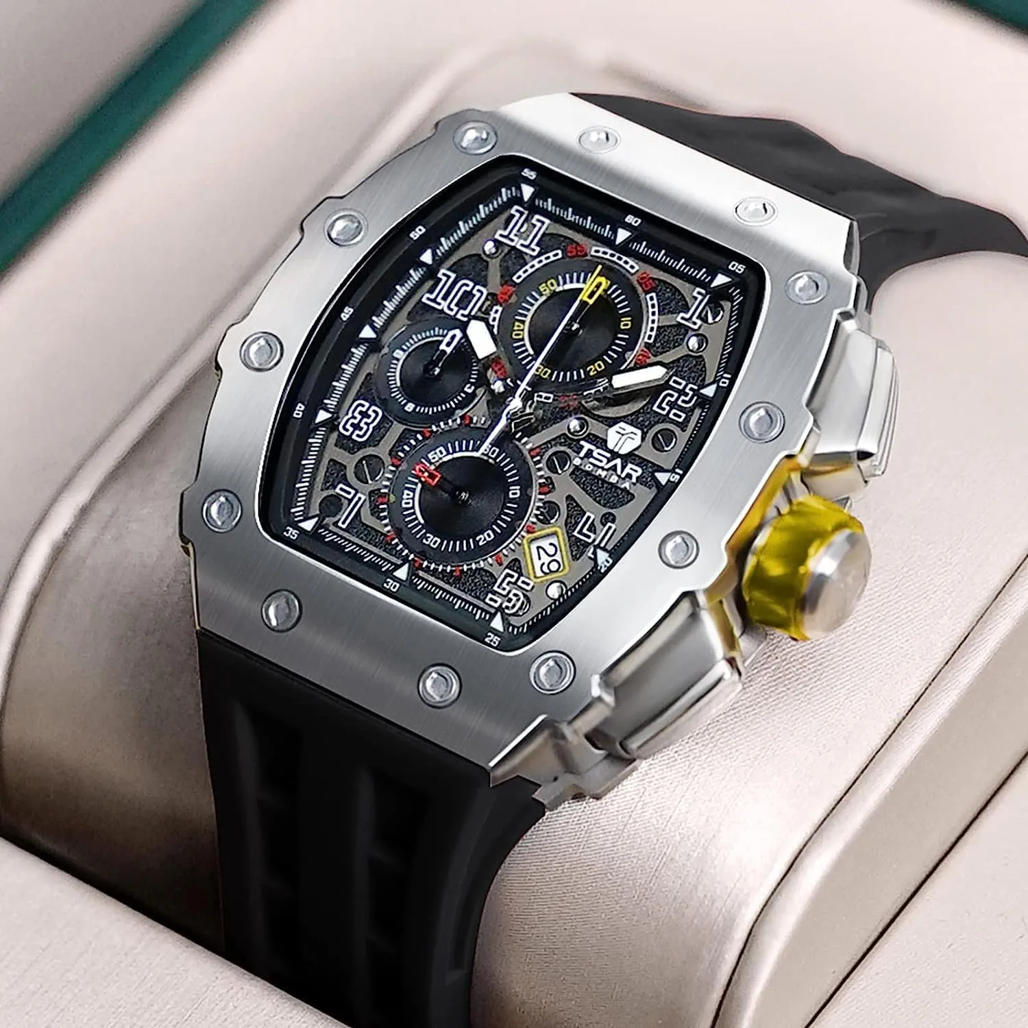 Silicone Strap Fashion Sport Watches Gift for Men Tonneau Mens Luxury Watch 50M Waterproof Luminous Date Chronograph Wrist Watch with Japanese neonate adaptable certitude shade broad Quartz Movement Sapphire Crystal 