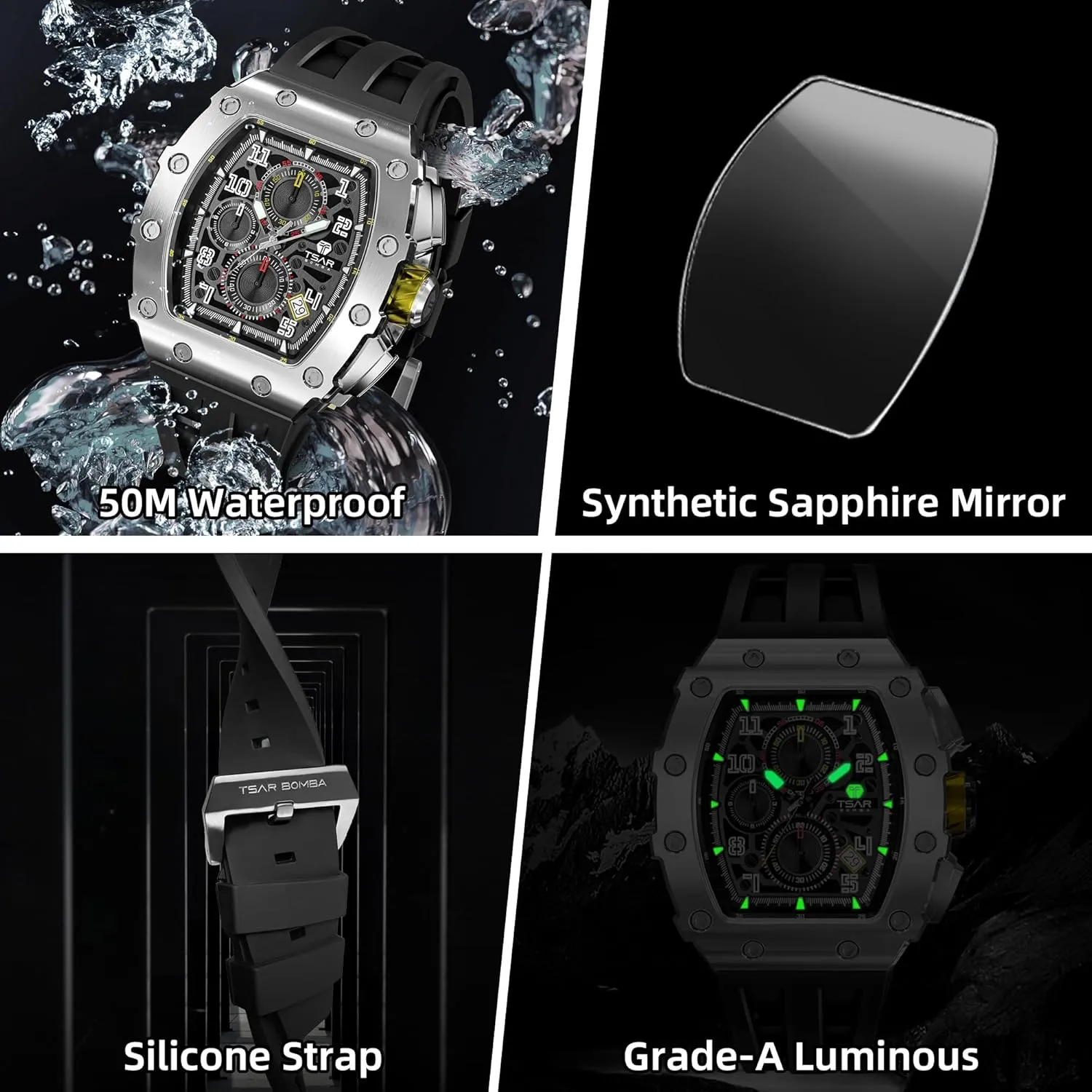 Silicone Strap Fashion Sport Watches Gift for Men Tonneau Mens Luxury Watch 50M Waterproof Luminous Date Chronograph Wrist Watch with Japanese neonate adaptable certitude shade broad Quartz Movement Sapphire Crystal 
