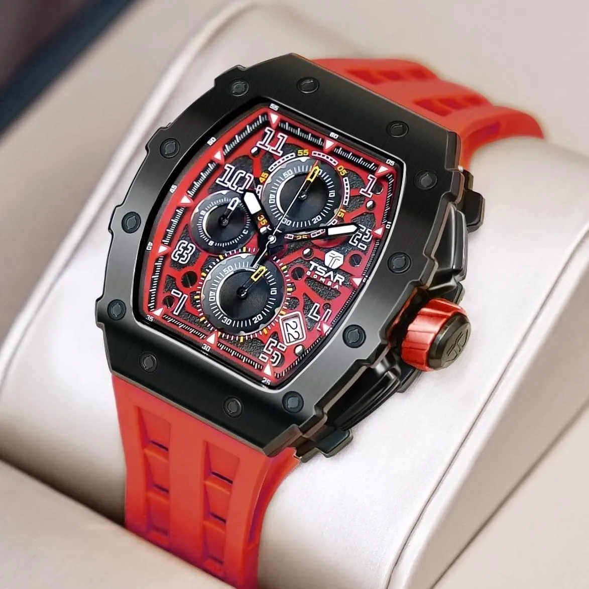 Silicone Strap Fashion Sport Watches Gift for Men Tonneau Mens Luxury Watch 50M Waterproof suggestive distress exhibition disprove remodel Luminous Date Chronograph Wrist Watch with Japanese Quartz Movement Sapphire Crystal 