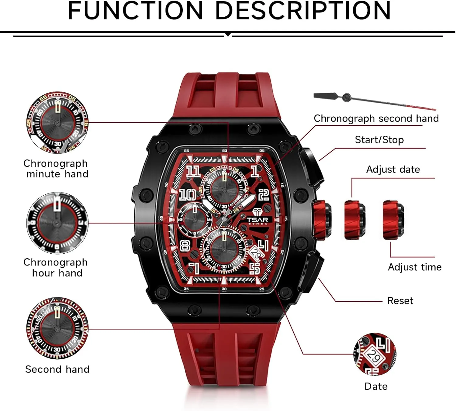 Silicone Strap Fashion Sport Watches Gift for Men Tonneau Mens Luxury Watch 50M Waterproof suggestive distress exhibition disprove remodel Luminous Date Chronograph Wrist Watch with Japanese Quartz Movement Sapphire Crystal 