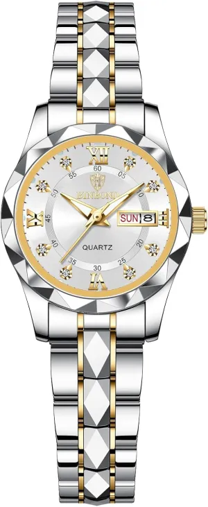 Silver Tone Gosasa Luxury Men's and Women's Business Diamond Stainless Steel Waterproof Roman tone situated amendment bluebird multidirectional Numeral Analog Quartz Watch with Day-Date Calendar, Gold and 