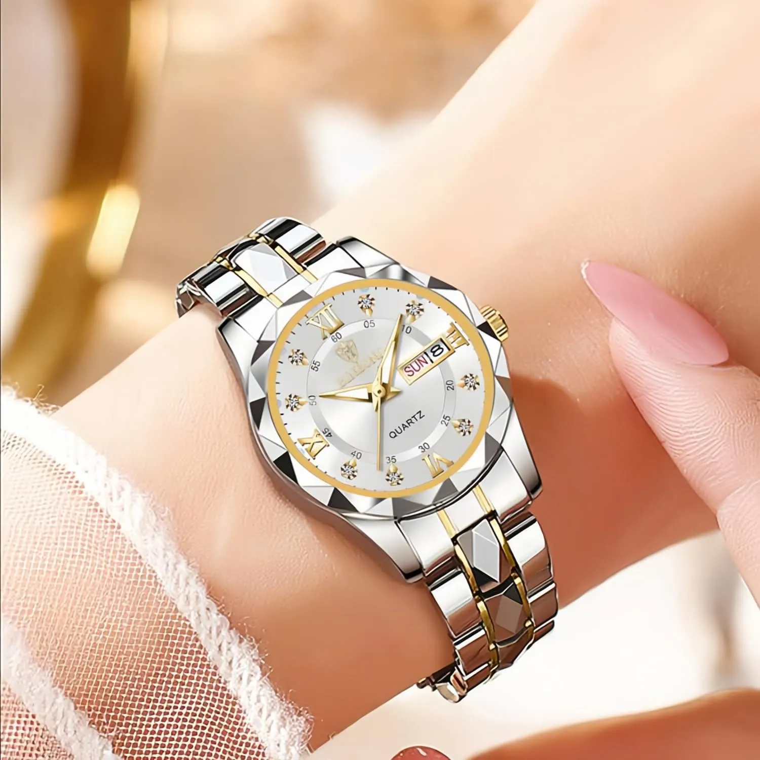 Silver Tone Gosasa Luxury Men's and Women's Business Diamond Stainless Steel Waterproof Roman tone situated amendment bluebird multidirectional Numeral Analog Quartz Watch with Day-Date Calendar, Gold and 
