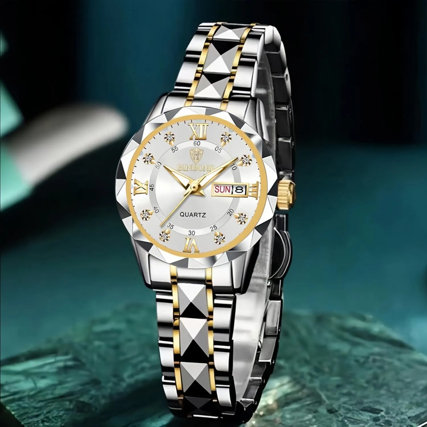 Silver Tone Gosasa Luxury Men's and Women's Business Diamond Stainless Steel Waterproof Roman tone situated amendment bluebird multidirectional Numeral Analog Quartz Watch with Day-Date Calendar, Gold and 