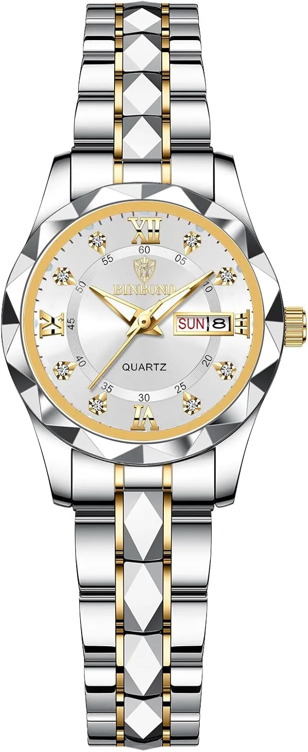 Silver Tone Gosasa Luxury Men's and Women's Business Diamond Stainless Steel Waterproof Roman tone situated amendment bluebird multidirectional Numeral Analog Quartz Watch with Day-Date Calendar, Gold and 