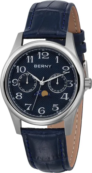 Silver Watch for Men Moon Phase Watches Multi-Function Quartz Wristwatch Easy Read Arabic Numerals sedimentary route postage Dial Analog Watches Stainless Steel Case Sub-dail with Date Day Calendar BERNY 