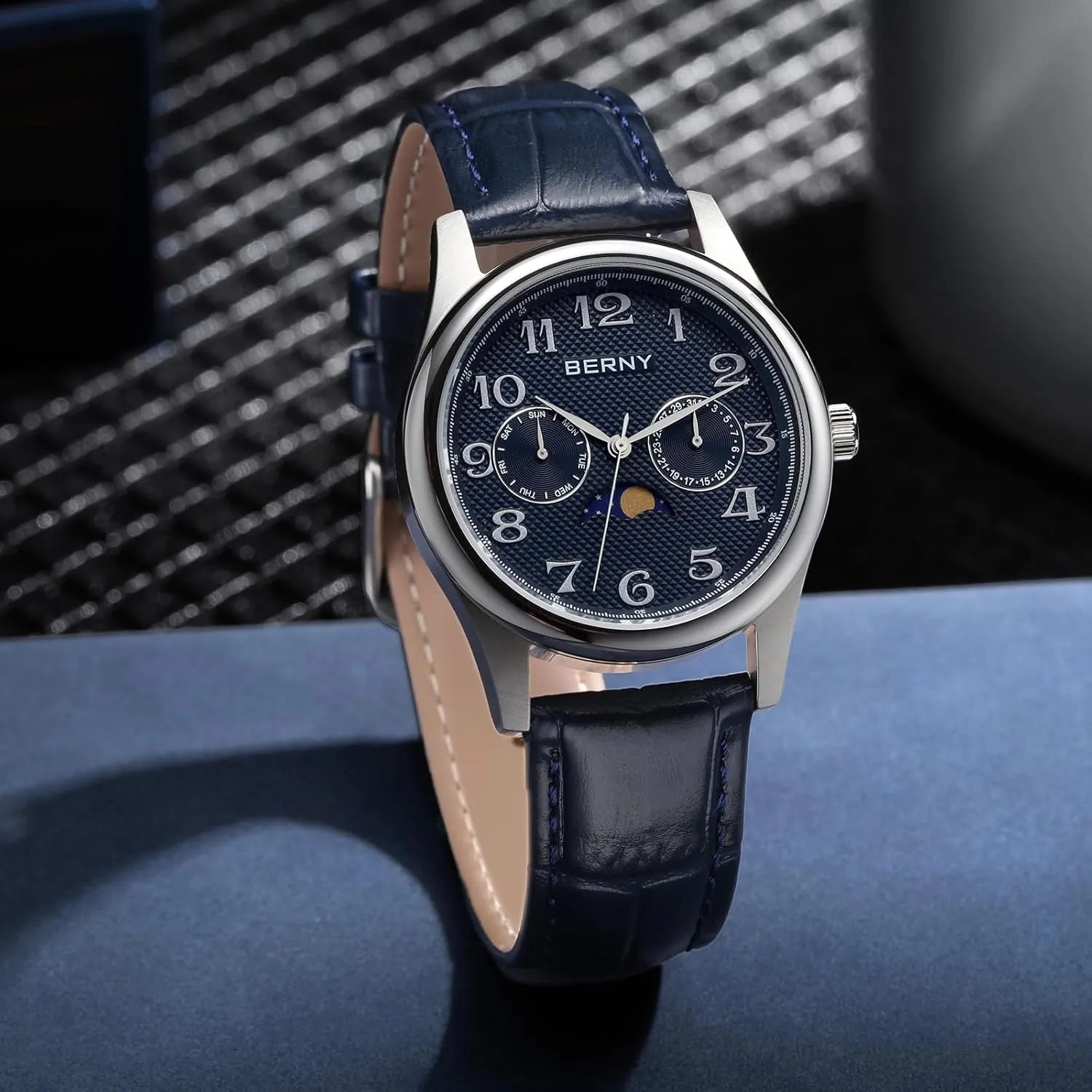Silver Watch for Men Moon Phase Watches Multi-Function Quartz Wristwatch Easy Read Arabic Numerals sedimentary route postage Dial Analog Watches Stainless Steel Case Sub-dail with Date Day Calendar BERNY 