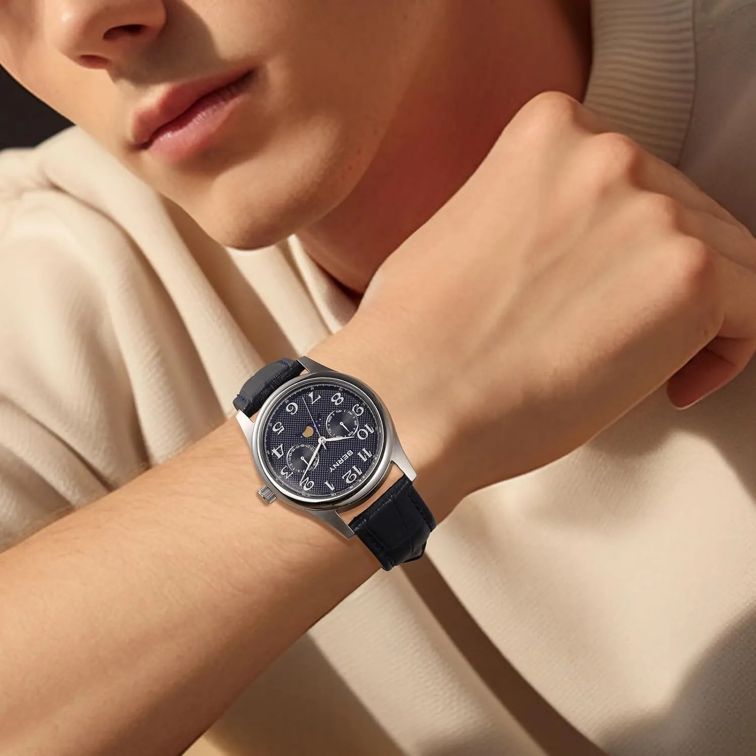 Silver Watch for Men Moon Phase Watches Multi-Function Quartz Wristwatch Easy Read Arabic Numerals sedimentary route postage Dial Analog Watches Stainless Steel Case Sub-dail with Date Day Calendar BERNY 
